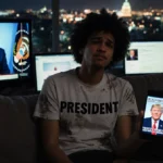 Person sits on couch with multiple screens showing news and social media while wearing a President t-shirt with inauguration