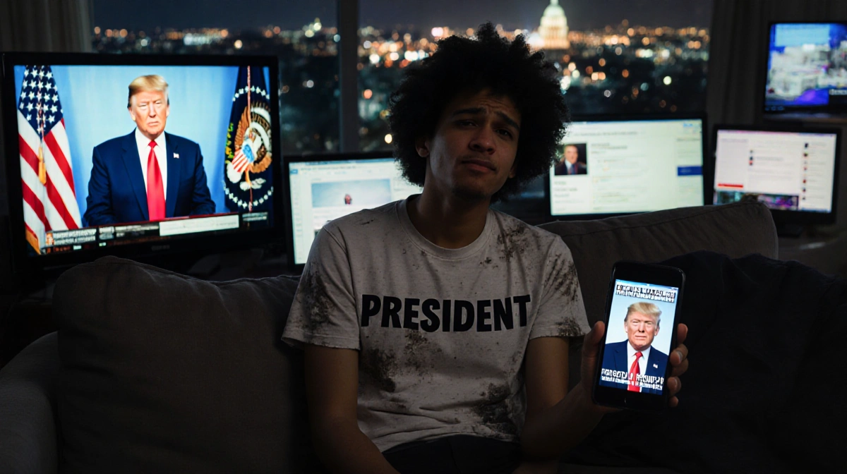 Person sits on couch with multiple screens showing news and social media while wearing a President t-shirt with inauguration