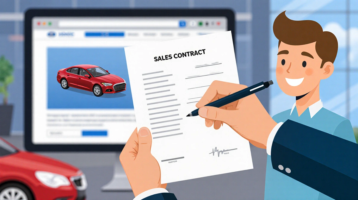 Person signing car sales contract with dealership in background and blurred computer screen showing online listing