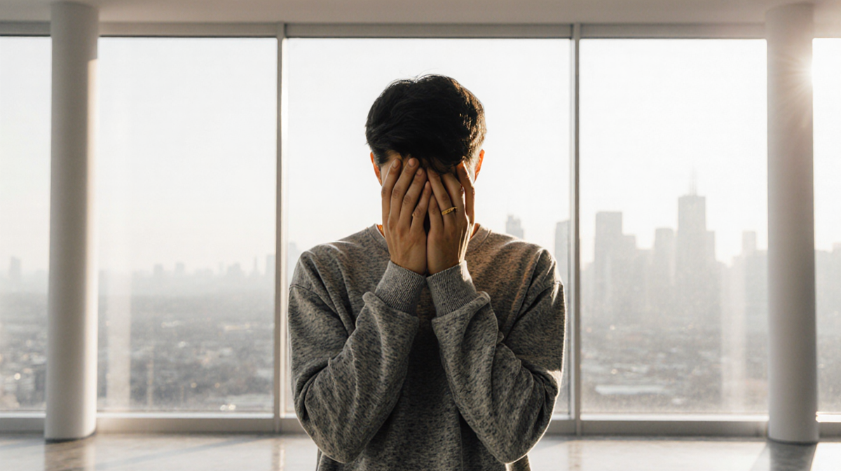 Person holding hands over health concerns while standing with city skyline visible through window wearing affordable fashion