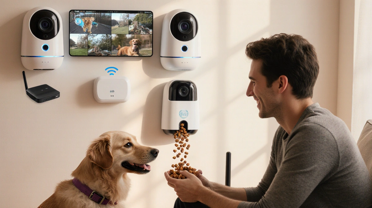 Dog playing near smart pet camera with treat dispenser while owner smiles and watches