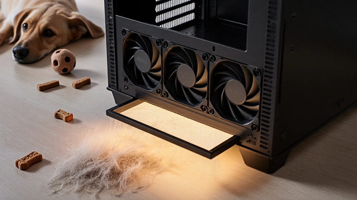 Computer case fans pulling pet hair through bottom intake with magnetic dust filter sliding out and dog toys nearby