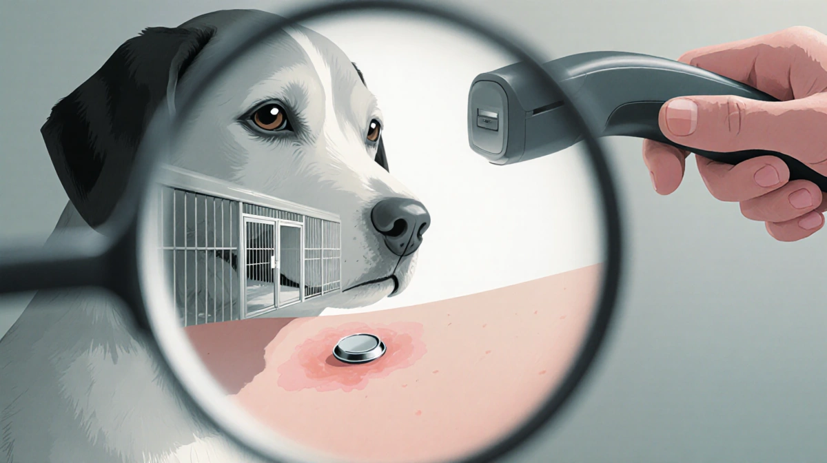 Pet receiving microchip implantation with veterinarian hand holding scanner and faint clinic image in background