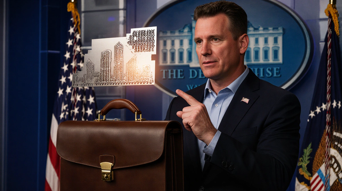 Defense Secretary Pete Hegseth points to suspended metal sheets representing the defense budget with American flags and Fort