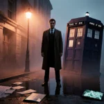 Peter Capaldi stands before a foggy London street with the TARDIS half-submerged in a puddle and glowing streetlight behind h