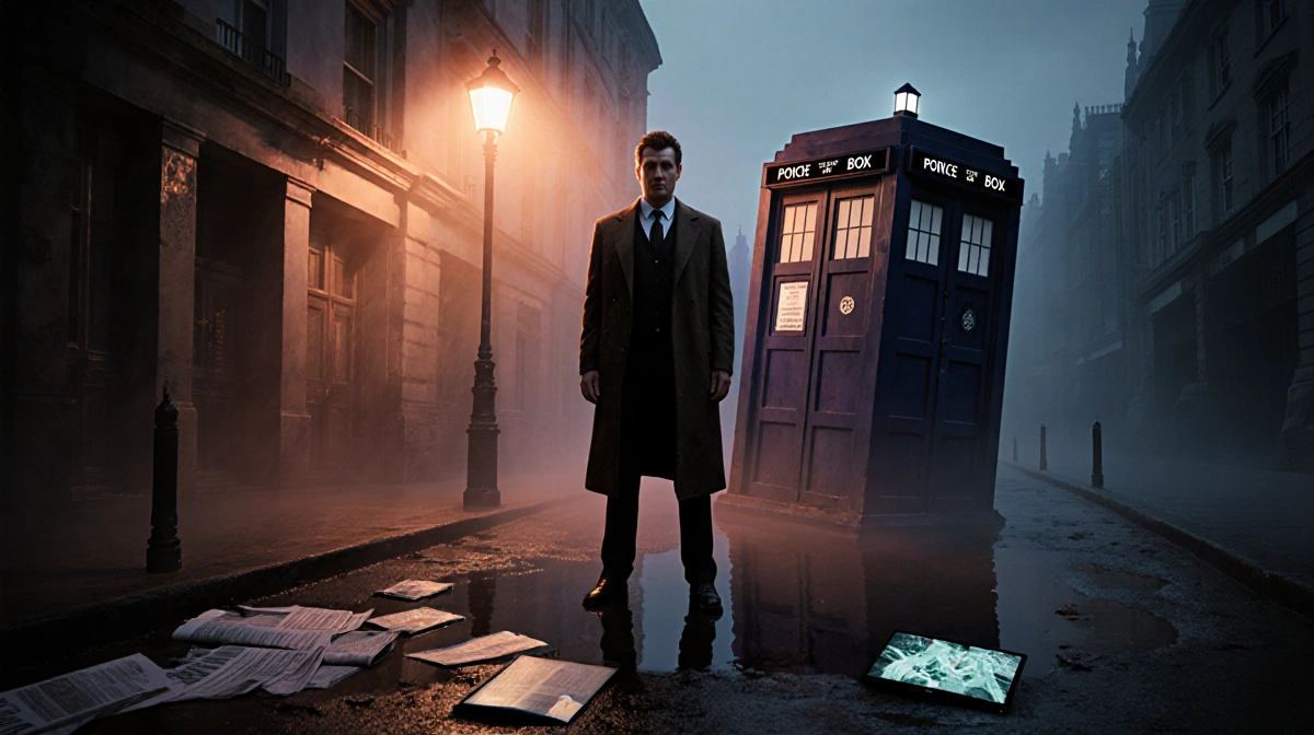 Peter Capaldi stands before a foggy London street with the TARDIS half-submerged in a puddle and glowing streetlight behind h
