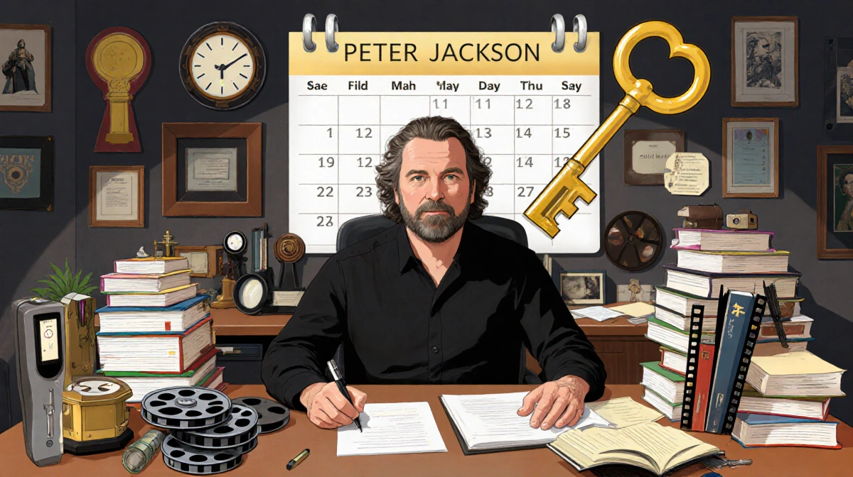 Peter Jackson editing documentary at cluttered desk with film reels and giant key unlocking memories