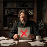 Peter Jackson sits at cluttered desk with marked script and film equipment behind him showing determined expression