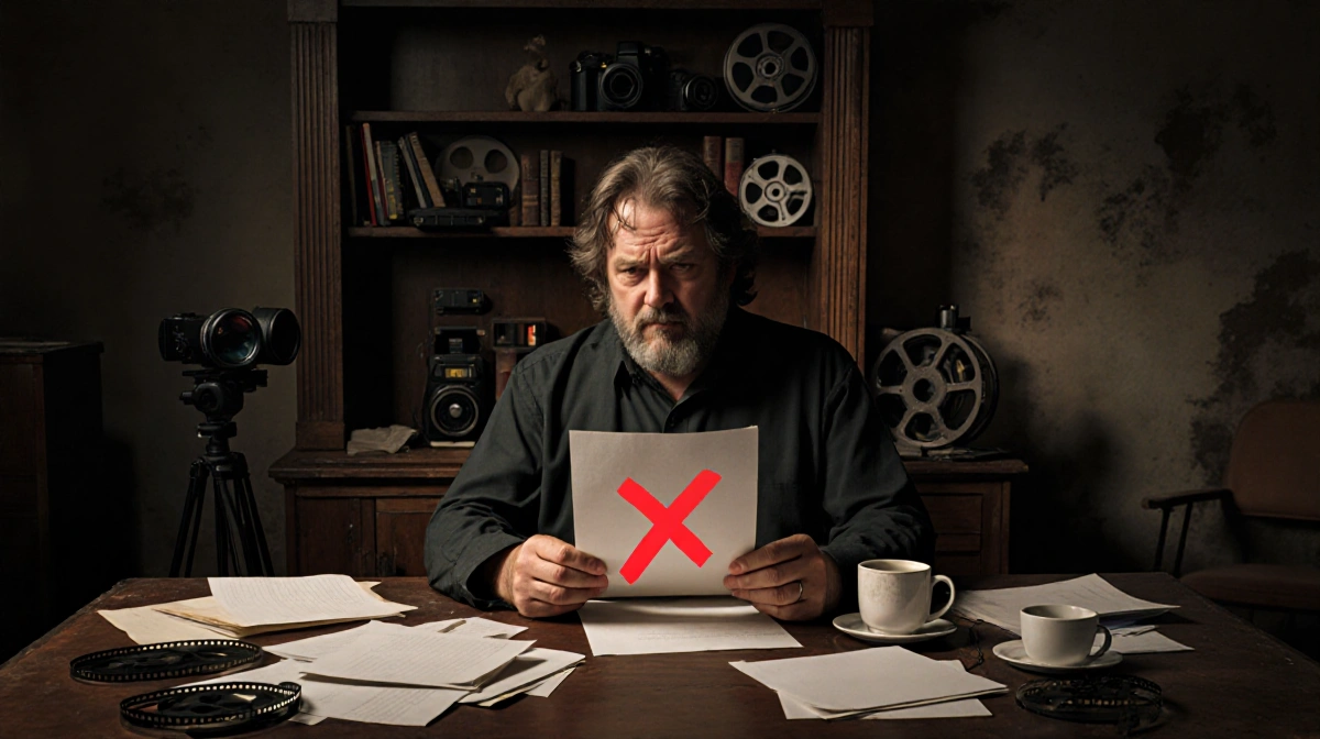Peter Jackson sits at cluttered desk with marked script and film equipment behind him showing determined expression