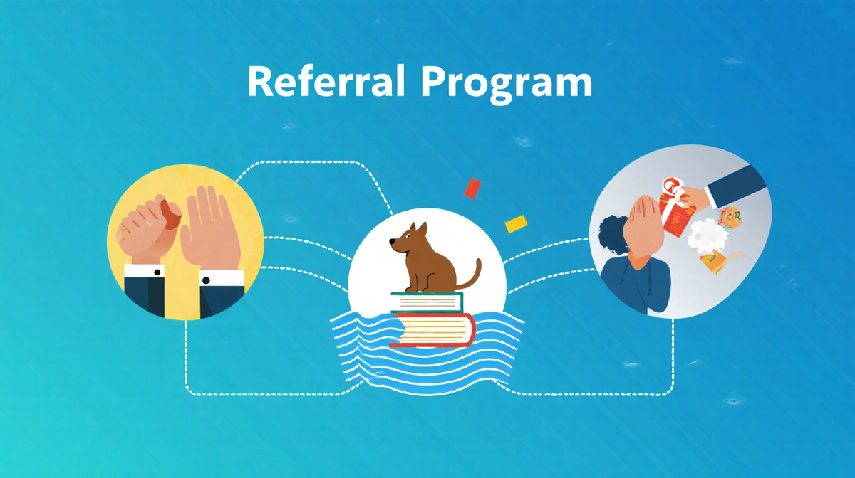 Three colorful circles connect around a pet with books showing Petlibro referral program sharing gifts and rewards