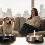 Pet owner relaxing on couch with happy dog and Petlibro smart feeder with fountain on coffee table near window