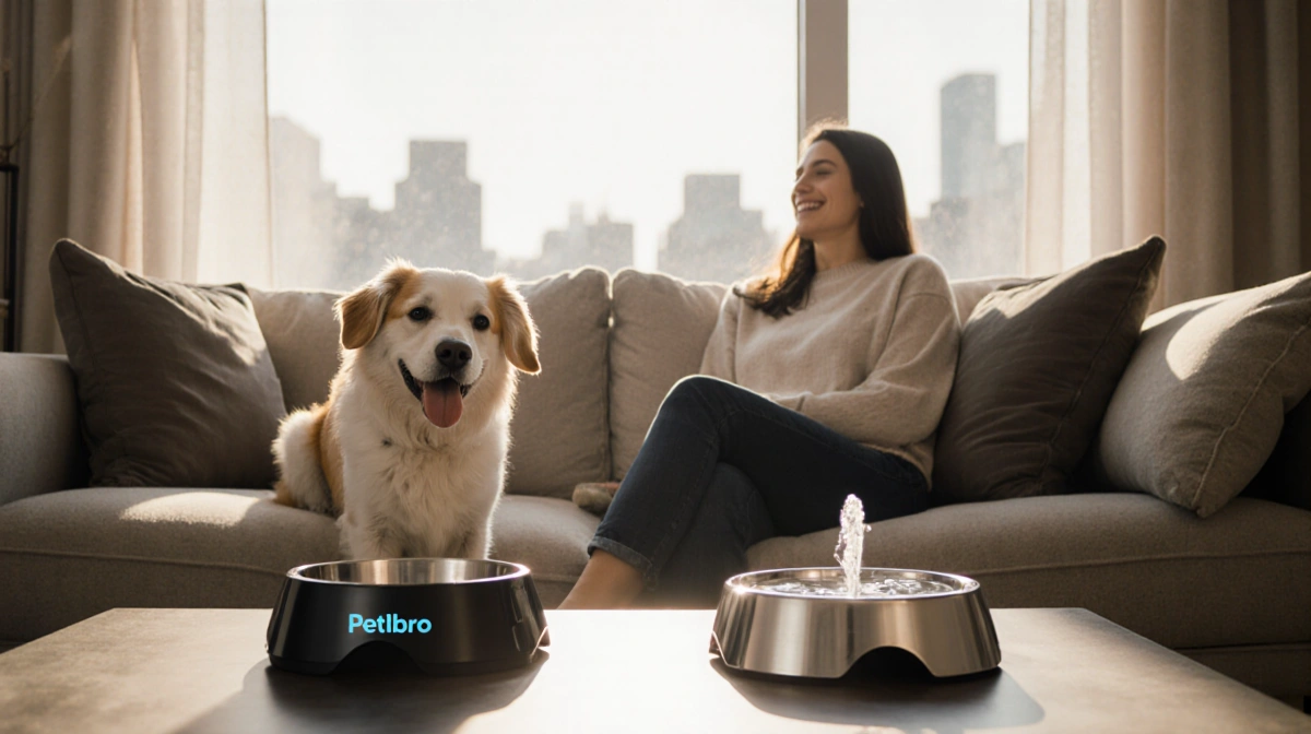 Pet owner relaxing on couch with happy dog and Petlibro smart feeder with fountain on coffee table near window