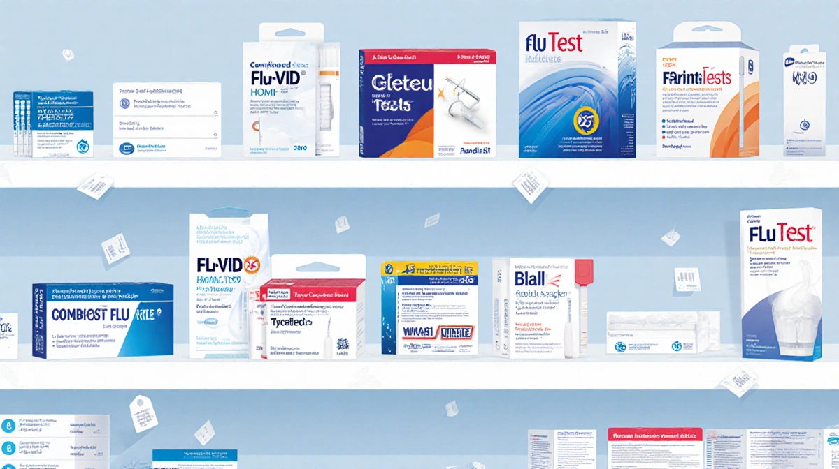 Pharmacy shelf stocked with flu test kits featuring combined flu-COVID and rapid antigen versions with boxes of OTC meds