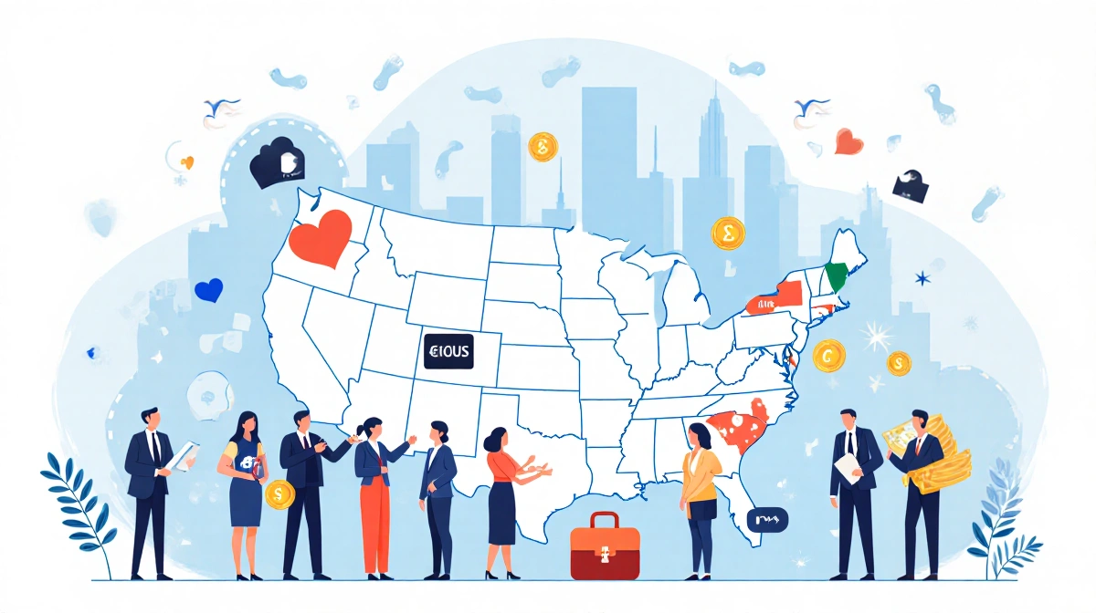 Diverse philanthropic donors gathering around United States map with colorful icons and subtle coin patterns.