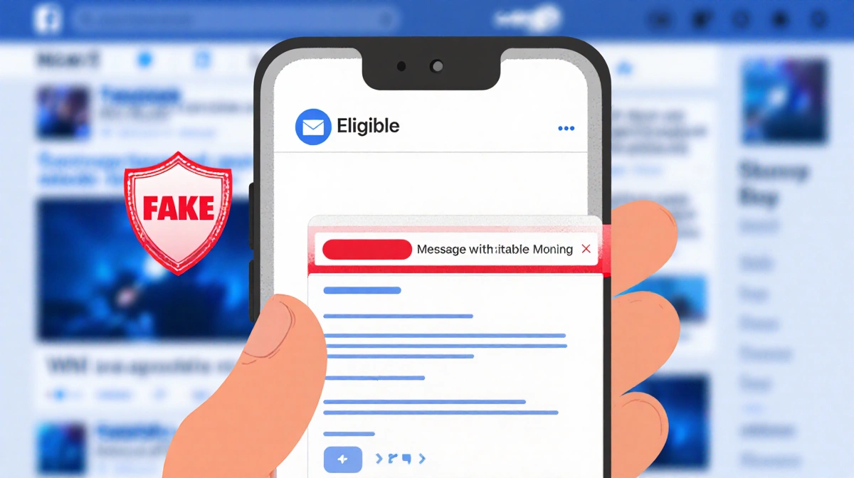 Person staring at phone with red phishing alert showing fake website and urgent notification with blurred social feed behind