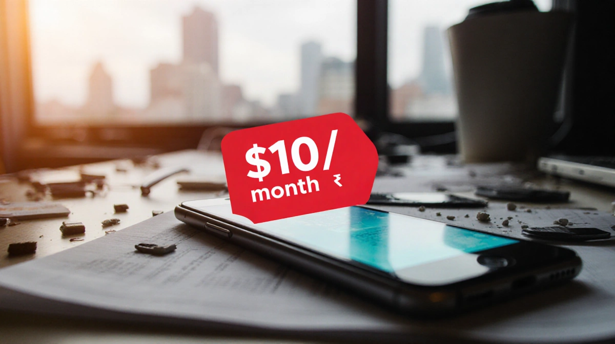 Mobile phone on desk showing red $10/month price sticker with $25/month rate below and blurred city background