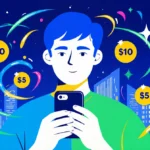 Person holding phone with swirling plan lines and a cityscape background showing savings in dollars