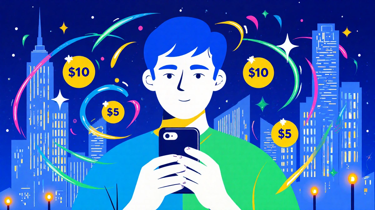 Person holding phone with swirling plan lines and a cityscape background showing savings in dollars