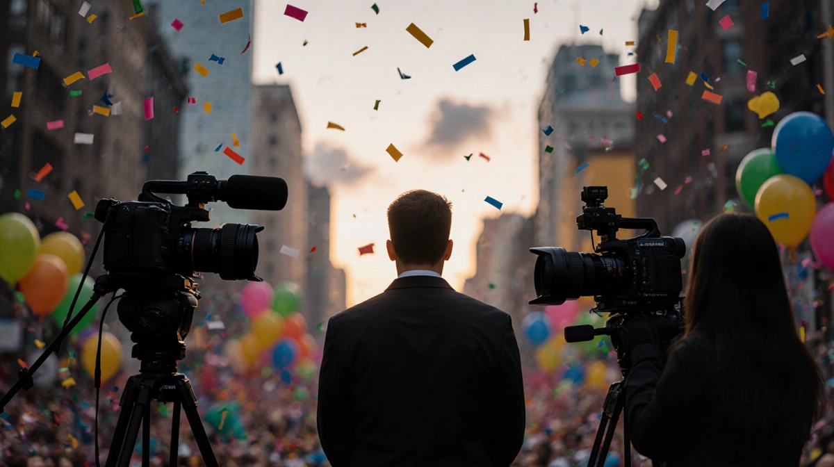 Photographer setting up camera gear at dawn with colorful backdrop and city skyline behind