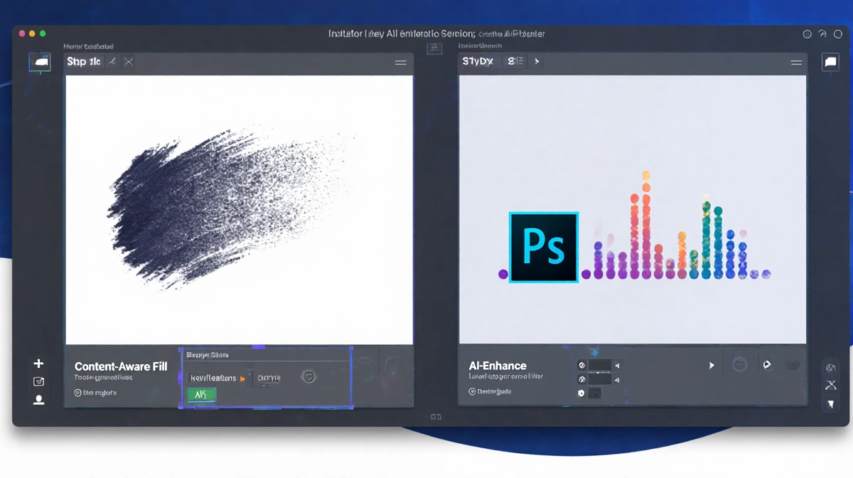 Photoshop interface displays split-screen panels with Content-Aware Fill brush overlay and AI-Enhance waveform icon