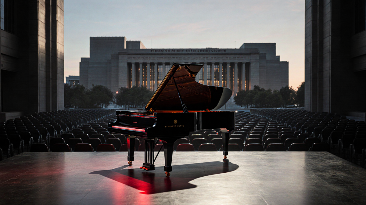 Piano reflects stage lights with empty seats and Kennedy Center silhouette in background