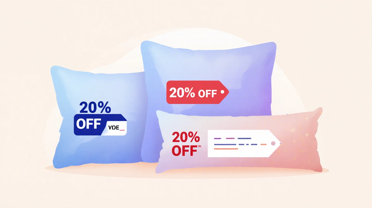 Three pillows arranged in triangle with 20% off tags showing discount codes and sale stickers on soft neutral background