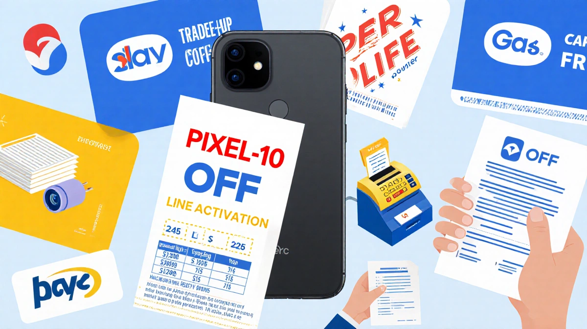 Pixel 10 smartphone displaying camera lens and charging port with carrier logos and trade-in promotions around it