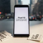 Pixel 10 smartphone glowing with headline on screen and price tags partially peeled beside it on minimalist desk.