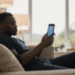 Person sits on cozy couch holding Pixel 9 smartphone with natural light streaming through window and minimalist lamp nearby