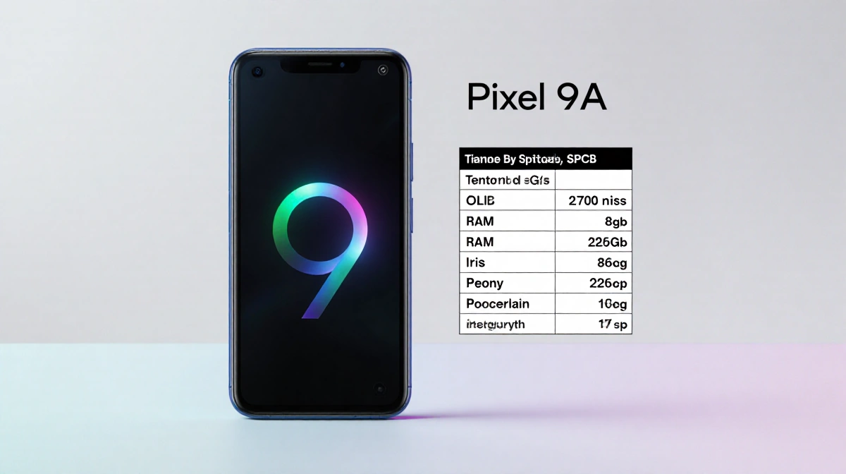 Pixel 9A glowing with bright OLED screen and a nearby table listing specs like processor RAM and storage