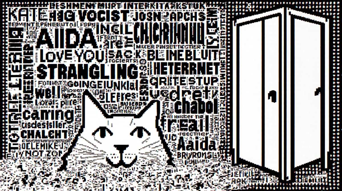 Pixel art cat face emerges from letters with scattered words and faint bathroom stall outline in corner