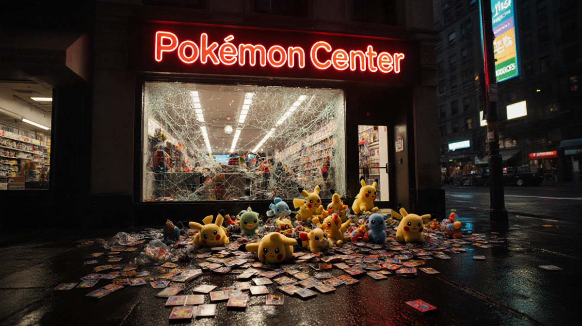 Shattered Pokémon Center storefront window with scattered plush toys and trading cards on wet Manhattan sidewalk