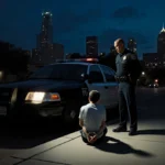 Handcuffed figure sits on ground with police officer standing over them and Fort Worth skyline in background.