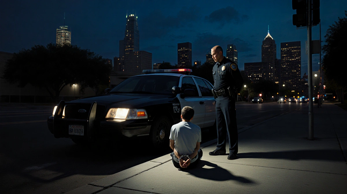 Handcuffed figure sits on ground with police officer standing over them and Fort Worth skyline in background.