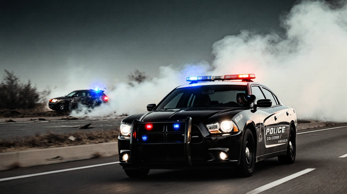 Police car speeding down Highway 67 with flashing lights and smoke rising from distant incident