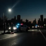 Police officers investigating crime scene with woman on ground and patrol car lights illuminating dark highway