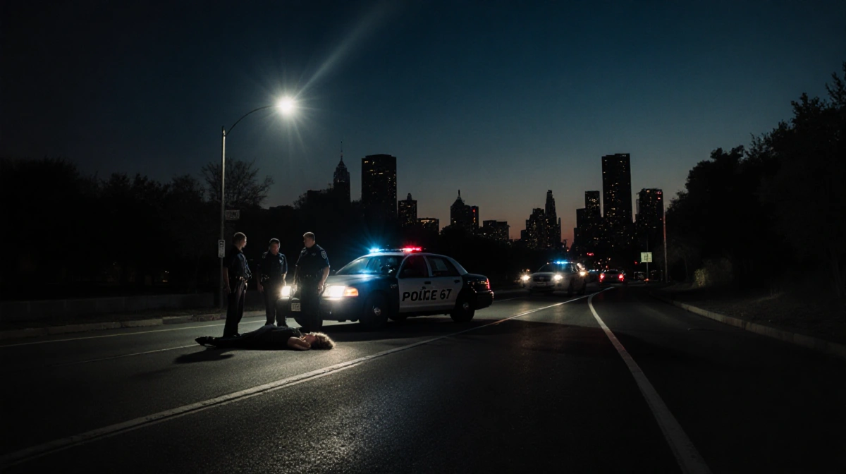 Police officers investigating crime scene with woman on ground and patrol car lights illuminating dark highway
