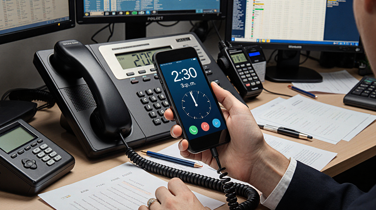 Officer holds smartphone with dispatch console showing 2:30 pm and police radio nearby in a busy dispatch center