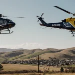 Police helicopters hovering low over rural hills with training area and town visible in distance