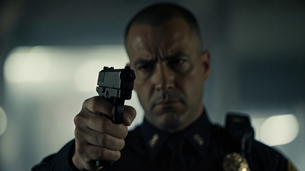 Police officer raising gun with uncertain expression and blurred background showing use of force dilemma