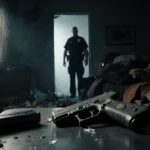 Police officer stands at door with semi-automatic handgun on desk and shattered glass scattered across floor