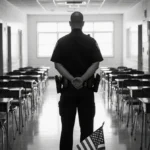 Police officer standing in empty school hallway with crumpled American flag on floor