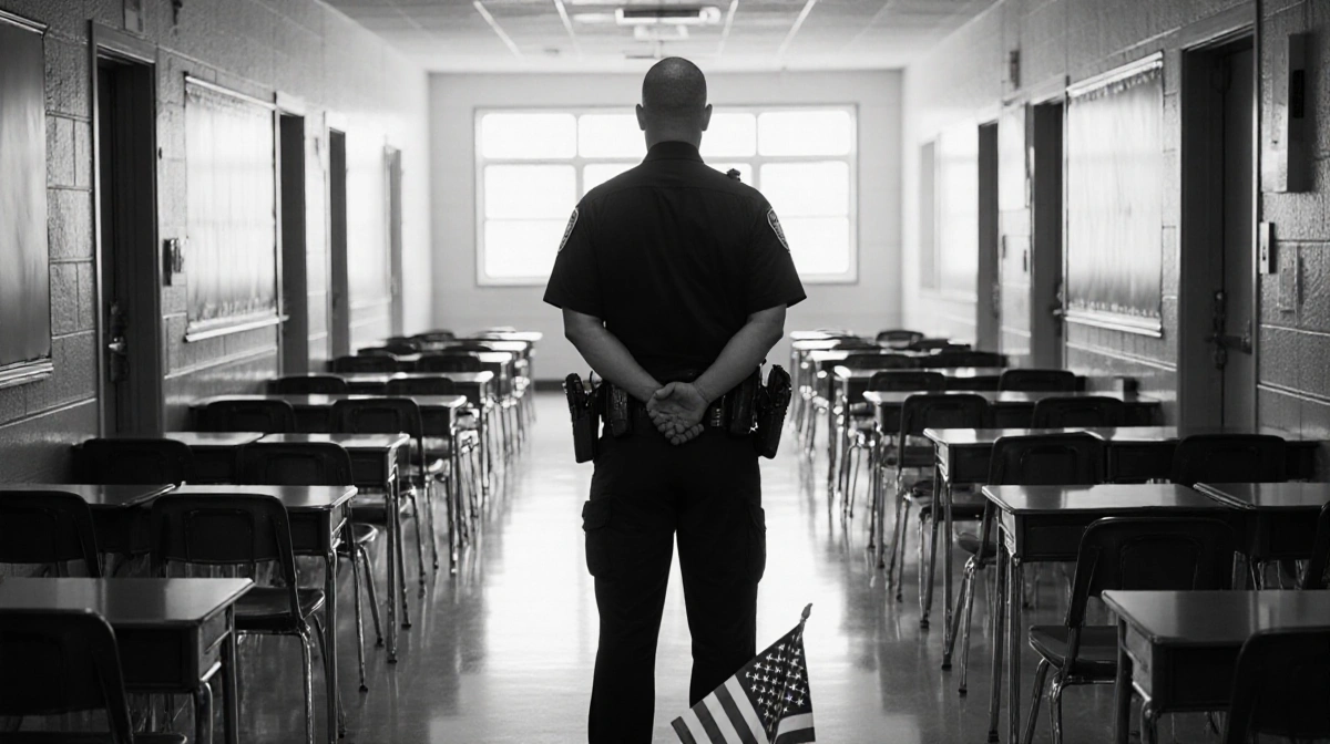 Police officer standing in empty school hallway with crumpled American flag on floor