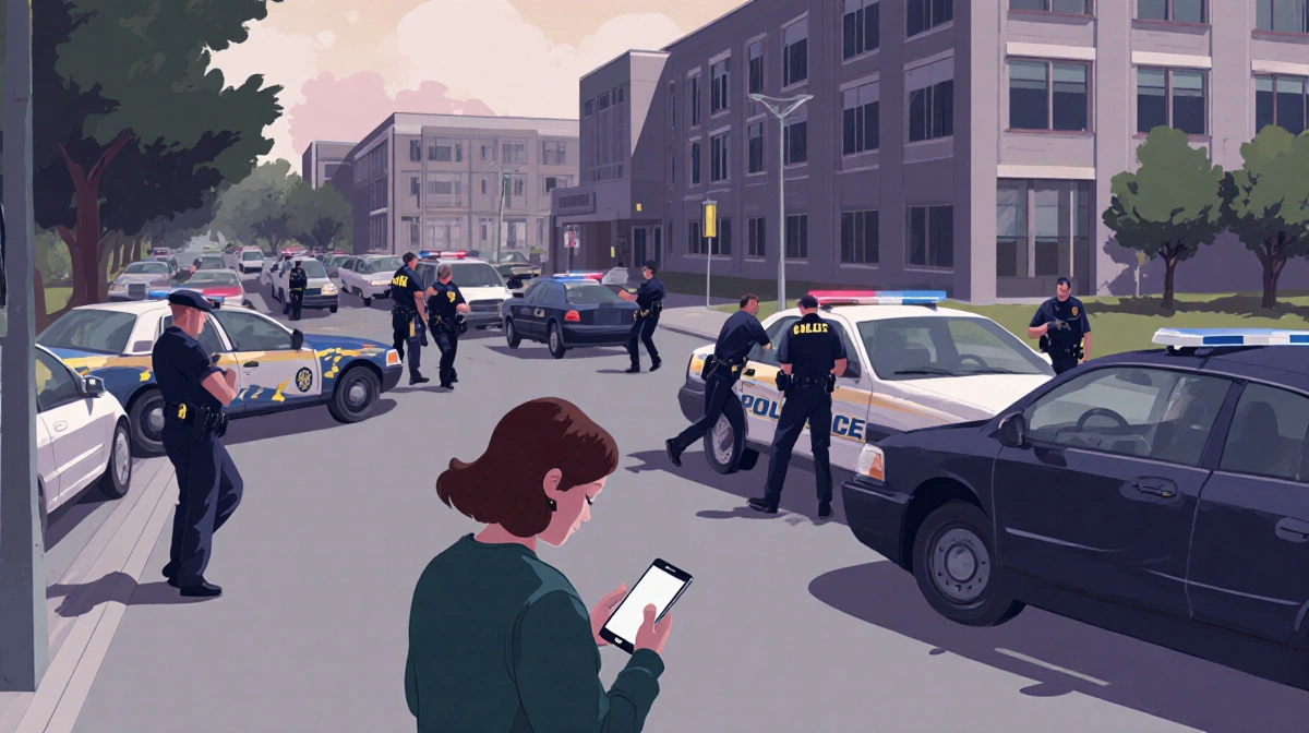 Woman observing from across the street with police and cars forming a narrow passageway near a school during a shooting.