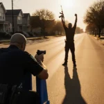 Police officer crouched behind barricade with hand on gun facing armed suspect across street with sunset over Dallas neighbor