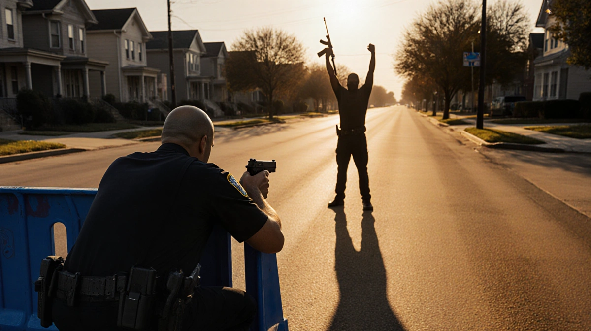 Police officer crouched behind barricade with hand on gun facing armed suspect across street with sunset over Dallas neighbor