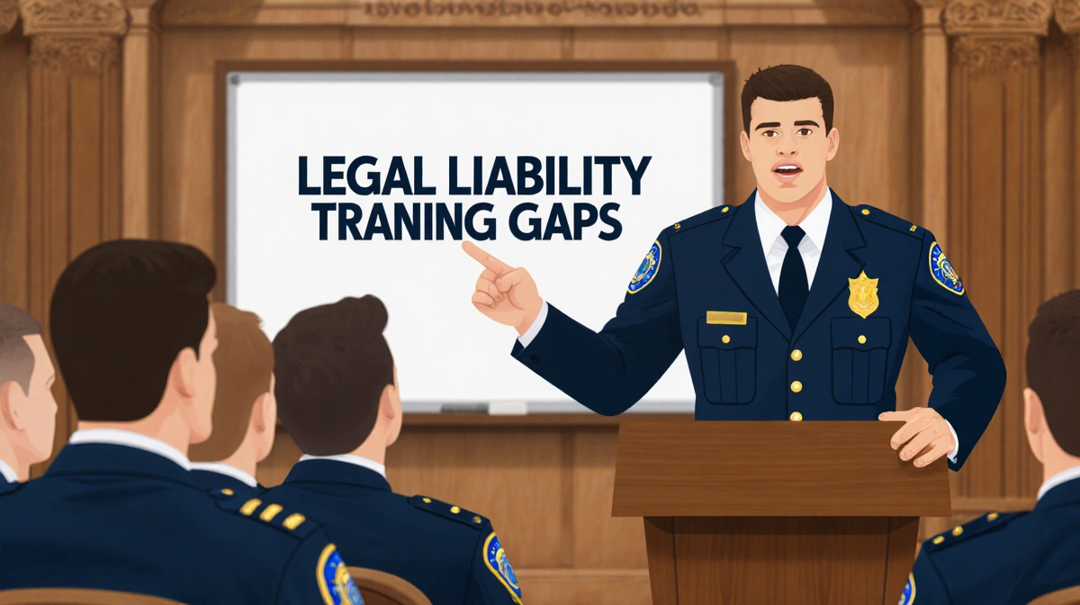 Police trainer addressing officers with hand pointing to board showing legal liability and training gaps in a blurred courtro