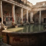 Ancient stone basin filled with murky water and faded frescoes with overgrown aqueduct pipe at dusk