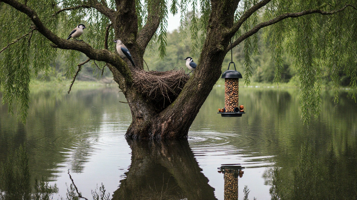Submerged tree with a bird's nest and perched birds and feeder hanging with seeds and nuts beside lush pond.