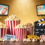 Colorful popcorn buckets and movie tickets glow with golden cinema nostalgia while vintage cameras and film reels hint at spe
